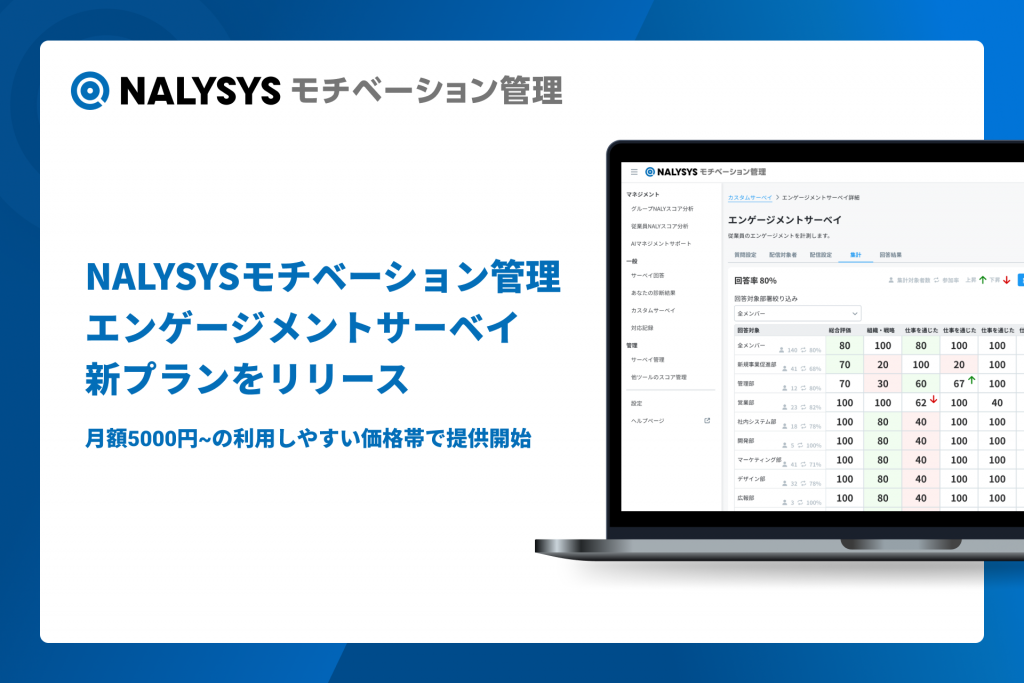 NALYSYSモチベーション管理エンゲージメントサーベイの新プランをリリース  ― 月額5000円〜の利用しやすい価格帯で提供開始 ―